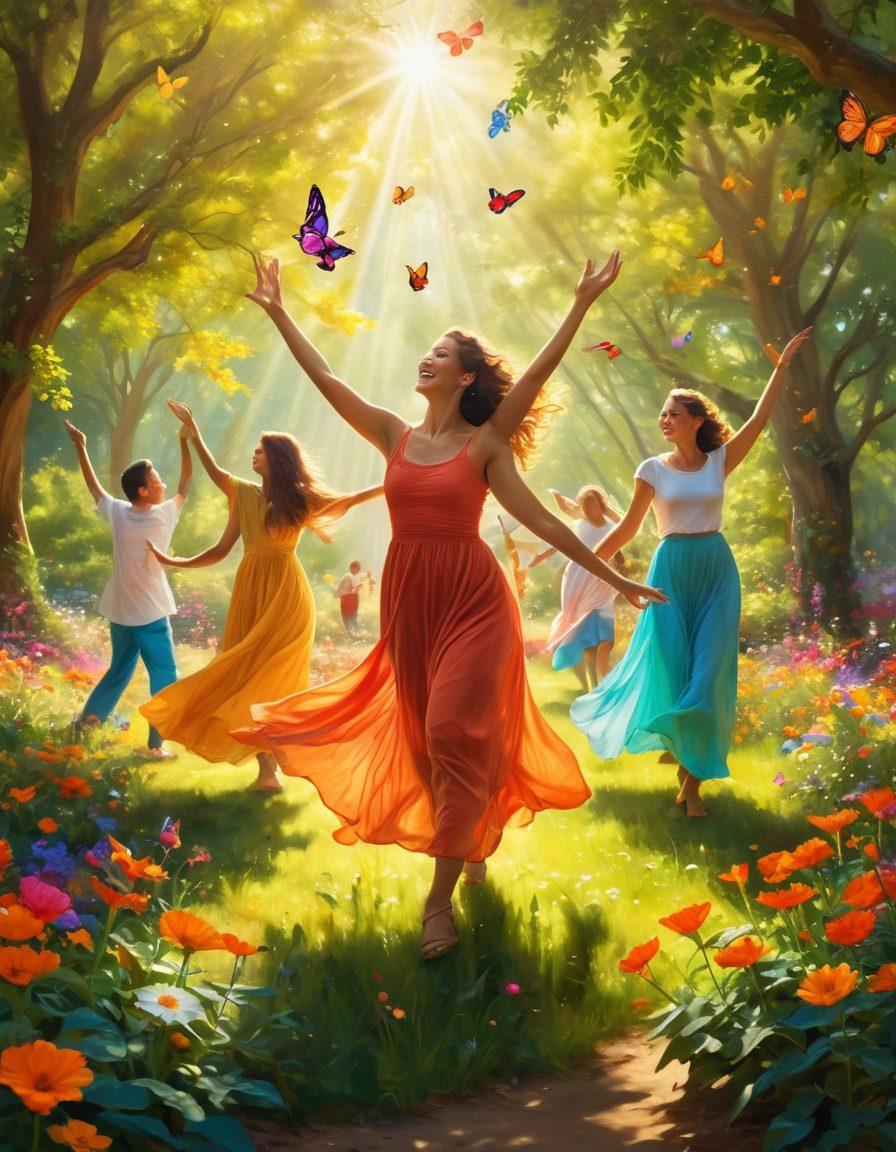 A vibrant scene depicting a diverse group of people engaging in joyful activities such as dancing, painting, and meditating in a lush, sunlit park filled with colorful flowers and greenery. Incorporate elements like radiant sunbeams shining down, butterflies fluttering around, and expressions of happiness on their faces. Blend dreamlike colors to evoke a sense of wonder and positivity. surrealism. vibrant colors. soft focus.