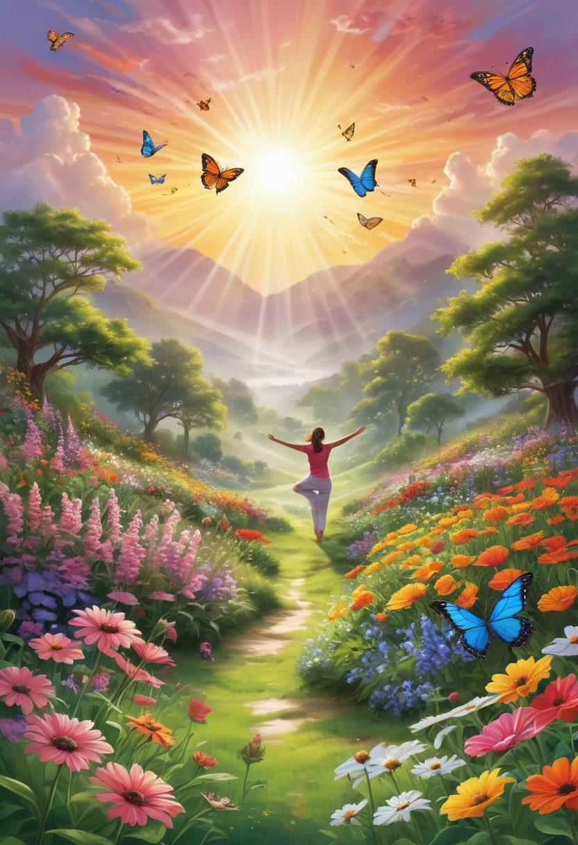 A radiant sun rising over a lush green landscape filled with colorful flowers and vivid butterflies. In the foreground, a diverse group of people, smiling and engaged in joyful activities like gardening and yoga, embodies the essence of positivity. Gentle streams of light breaking through the clouds symbolize hope and growth, while soft pastel hues create an inviting atmosphere. vector art. vibrant colors. white background.