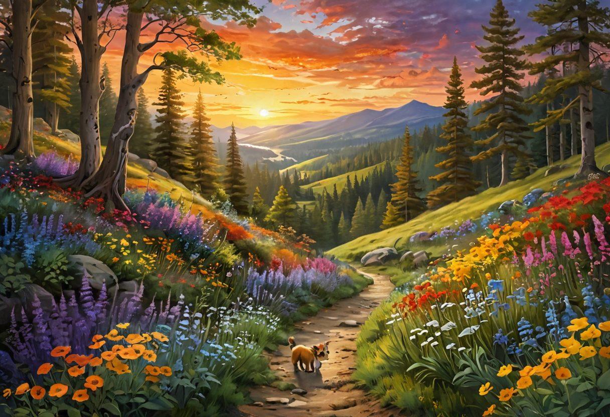 A whimsical landscape depicting a serene path winding through a vibrant forest, with bursts of colorful flowers, glistening streams, and playful animals. In the distance, a sun setting over rolling hills, casting a golden hue across the scene, inviting one to explore. The scene should evoke feelings of joy and adventure, as if every corner holds a new discovery. bright and colorful. painterly style.